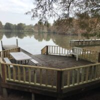 Outdoor wood desk at Lakeview Lodge